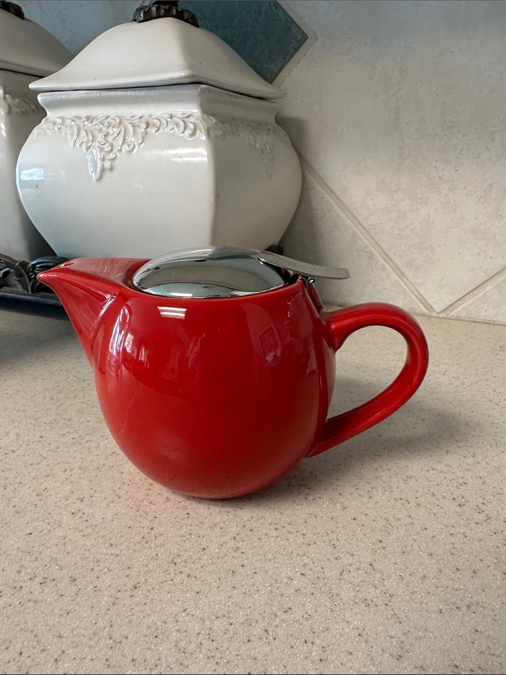 Red Ceramic Creamer Pot with Stainless Steel Lid